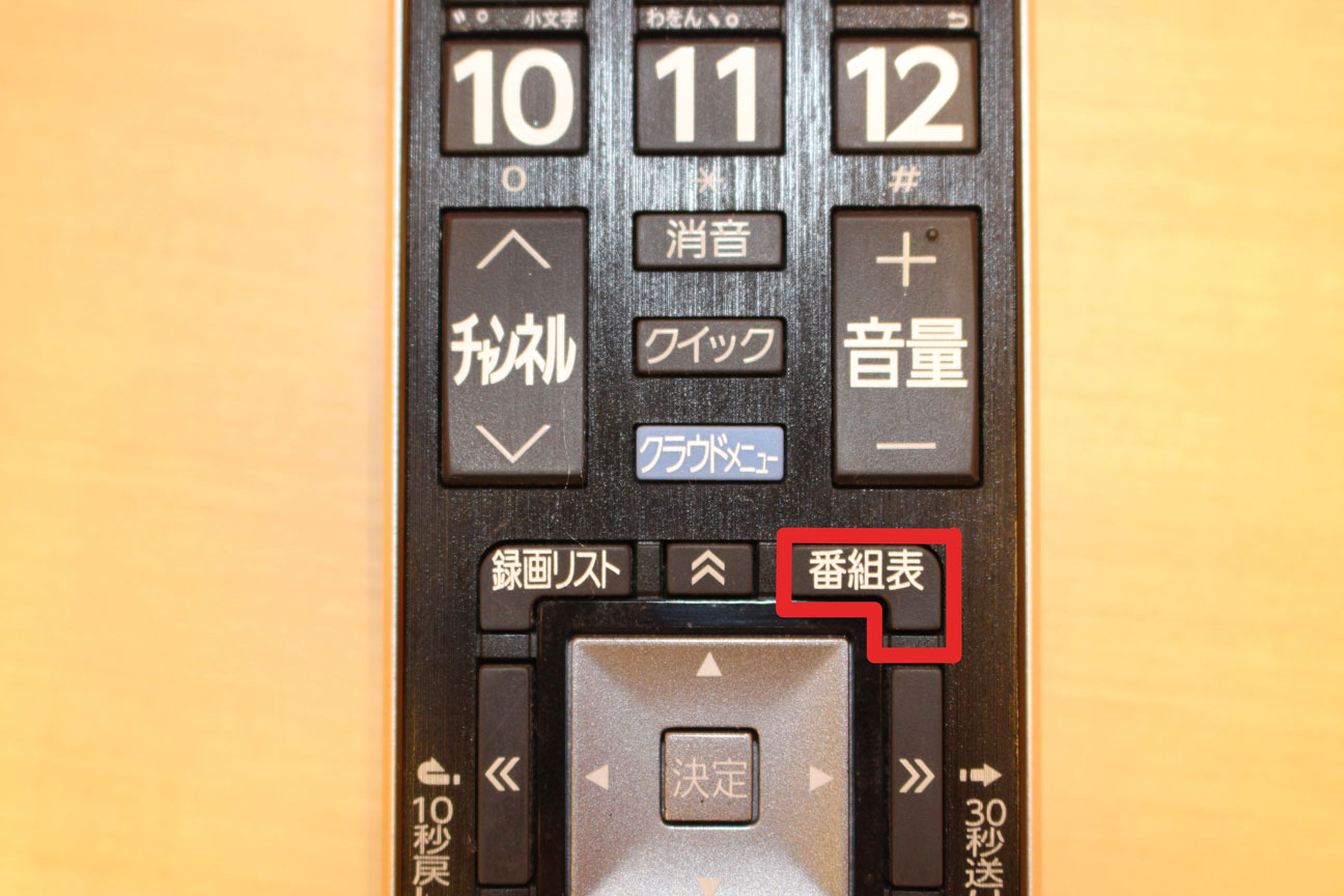 テレビのリモコン、チャンネルの10・9・2番に赤丸と、入力順を示す1～3の数字が振られている。